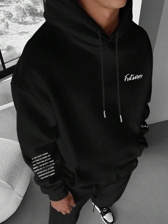 Manfinity Hypemode Men's Thermal Lined Hoodie Sweatshirt With Drawstring & Letter Printing