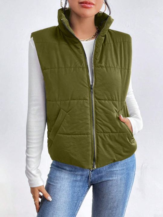 Essnce Solid Color Zipper Front Puffer Vest Coat
