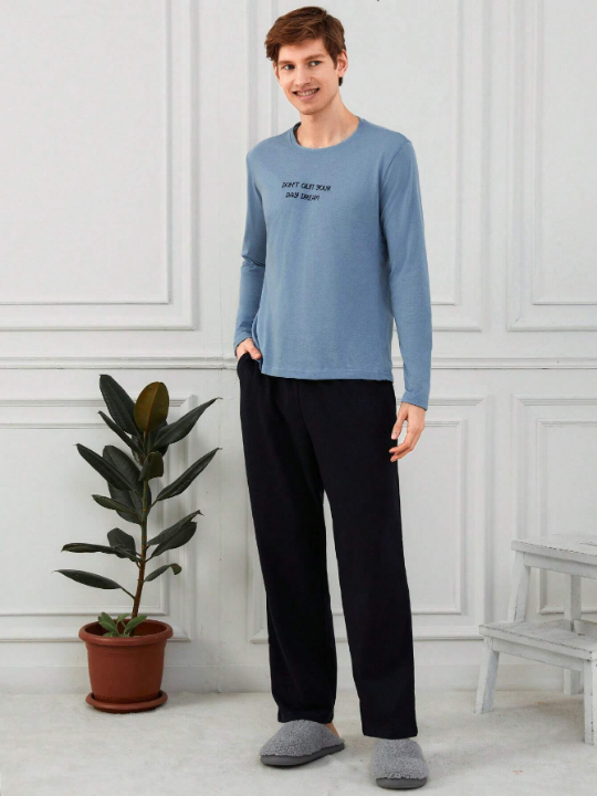 Cottnline Men'S Letter Printed Long Sleeve T-Shirt And Pants Homewear Set