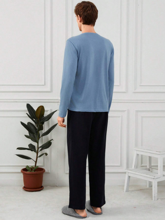 Cottnline Men'S Letter Printed Long Sleeve T-Shirt And Pants Homewear Set