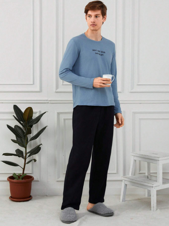 Cottnline Men'S Letter Printed Long Sleeve T-Shirt And Pants Homewear Set