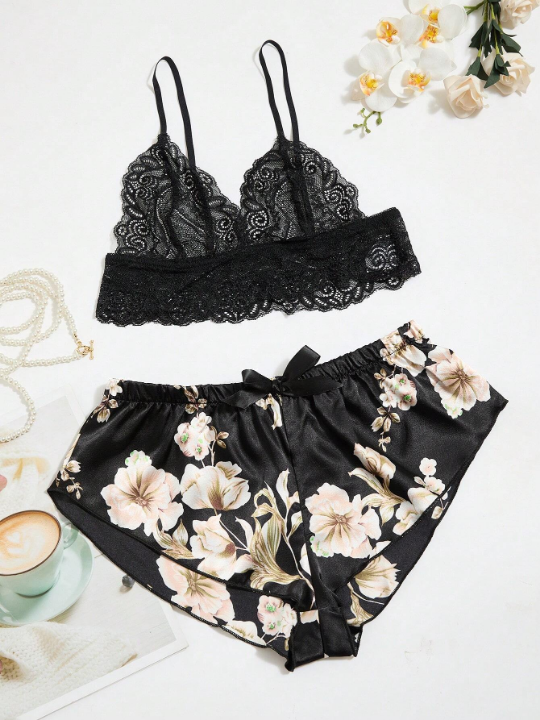 Classic Sexy Floral Lace Bralette With Floral Print Shorts