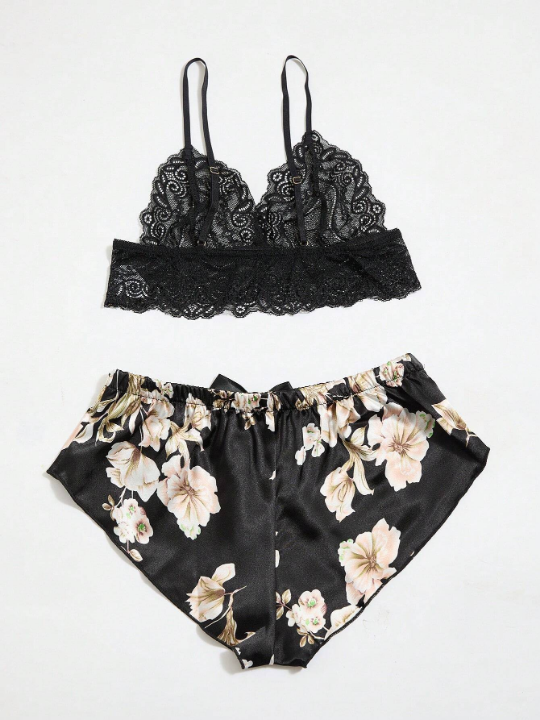 Classic Sexy Floral Lace Bralette With Floral Print Shorts