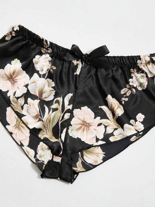 Classic Sexy Floral Lace Bralette With Floral Print Shorts