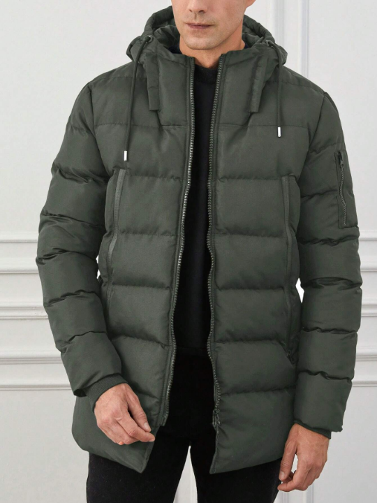Men's Drawstring Hooded Zippered Padded Coat