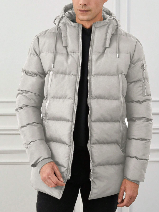 Men's Drawstring Hooded Zippered Padded Jacket