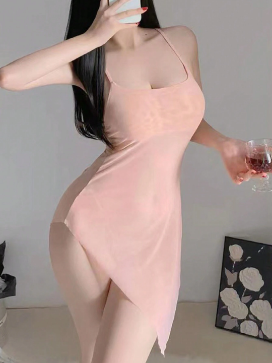 Sexy Lingerie Sheer Strappy Nightgown, Hot Slim Fit, See-Through, Non-Removable, For Small Bust Women, Dress Up Cosplay Uniform