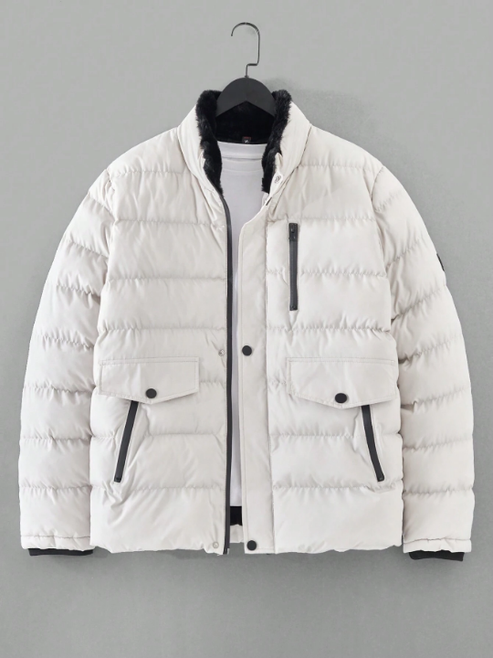 Men's Fleece Lined Hooded Padded Coat With Zipper And Flap Details