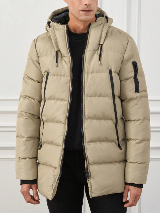 Men Zip Up Drawstring Hooded Puffer Coat