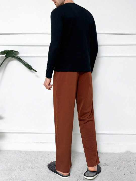 Cottnline Men's Slogan Print T-Shirt And Solid Color Long Pants Home Clothing Set