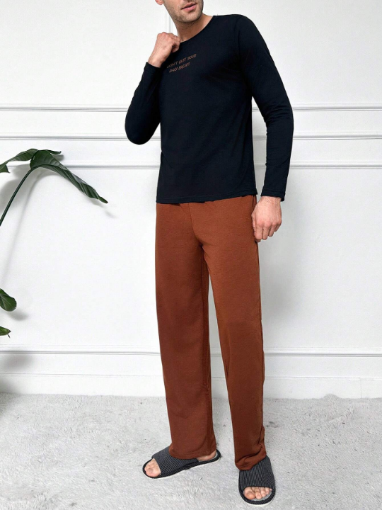 Cottnline Men's Slogan Print T-Shirt And Solid Color Long Pants Home Clothing Set