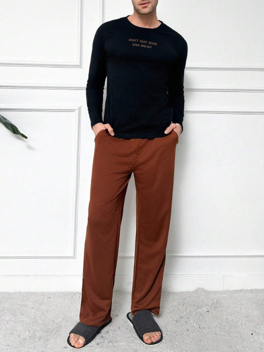 Cottnline Men's Slogan Print T-Shirt And Solid Color Long Pants Home Clothing Set