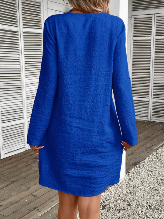 LUNE Women's Solid Color Front Zipper Roll Up Sleeve Dress