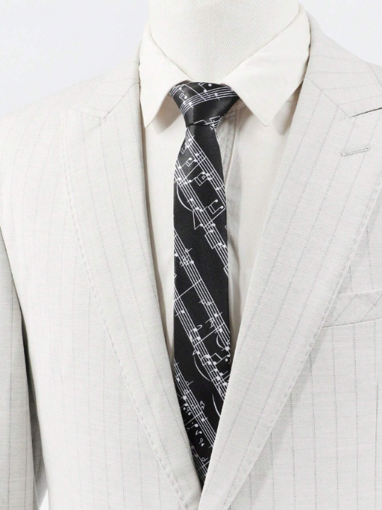 1pc Men's Fashionable Music Notes & Staff Pattern Fun 960-Needle Smooth Black Necktie Suitable For Party And Festival Matching