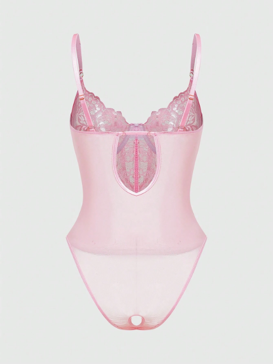 Women'S Steel Ring Eyelash Lace & Mesh Patchwork Open Crotch Bodysuit