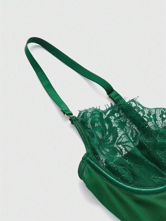 Women's Lace & Mesh Combining, Underwire Decor, Open Crotch Bodysuit Underwear