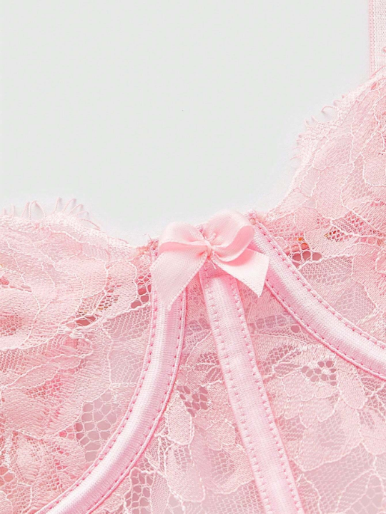 Women'S Steel Ring Eyelash Lace & Mesh Patchwork Open Crotch Bodysuit