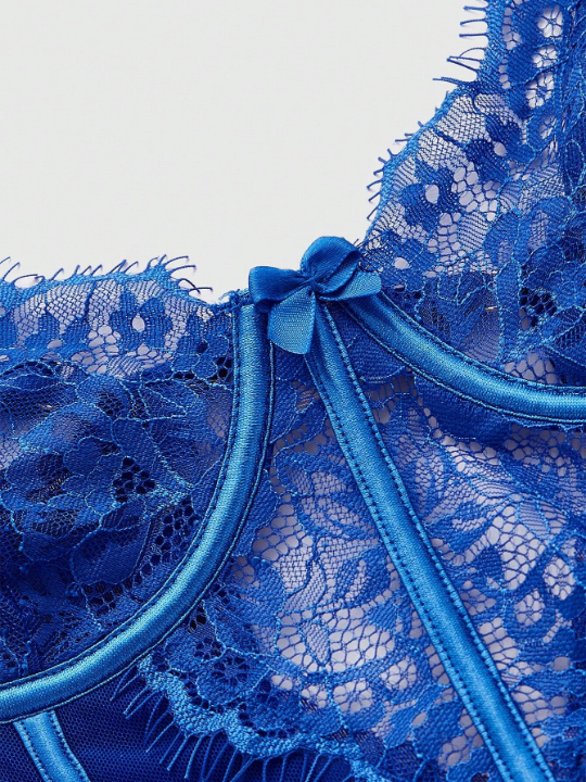 Women's Mesh Lace & Eyelash Trim Underwire Open Crotch Bodysuit Lingerie