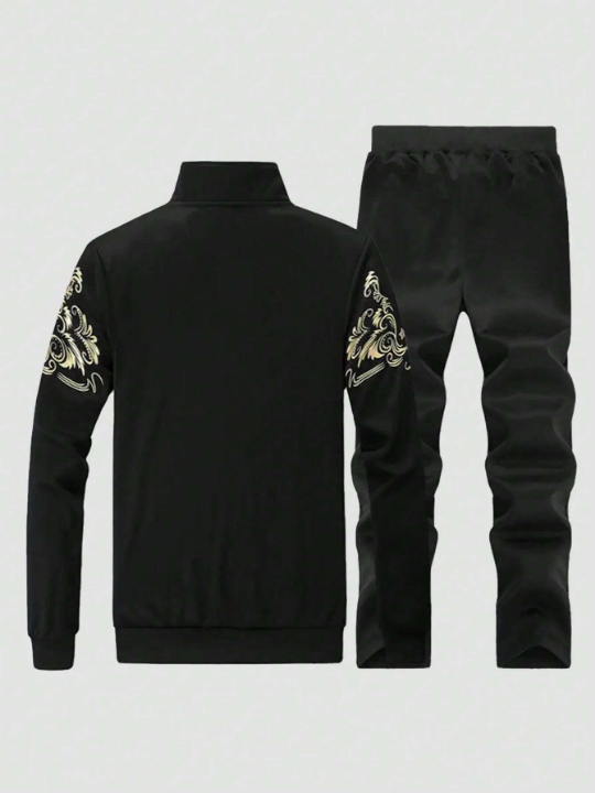Men's Printed Stand Collar Jacket And Long Pants Sports Suit Set, Fall/Winter