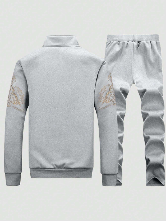 Men's Autumn And Winter Letter Print Stand Collar Jacket And Pants Sports Suit