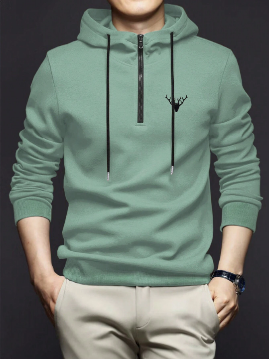 Manfinity Homme Men'S Deer Patterned Half Zip Hoodie With Drawstring Design