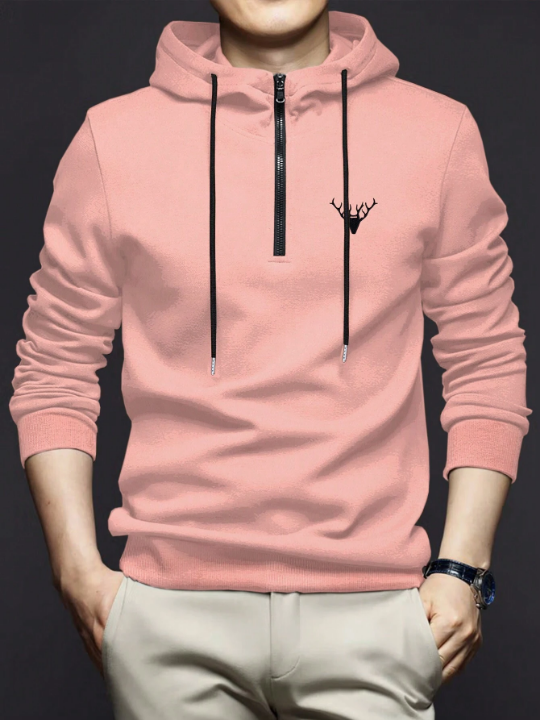 Manfinity Homme Men's Zipper Half Placket Drawstring Hoodie With Deer Head Pattern