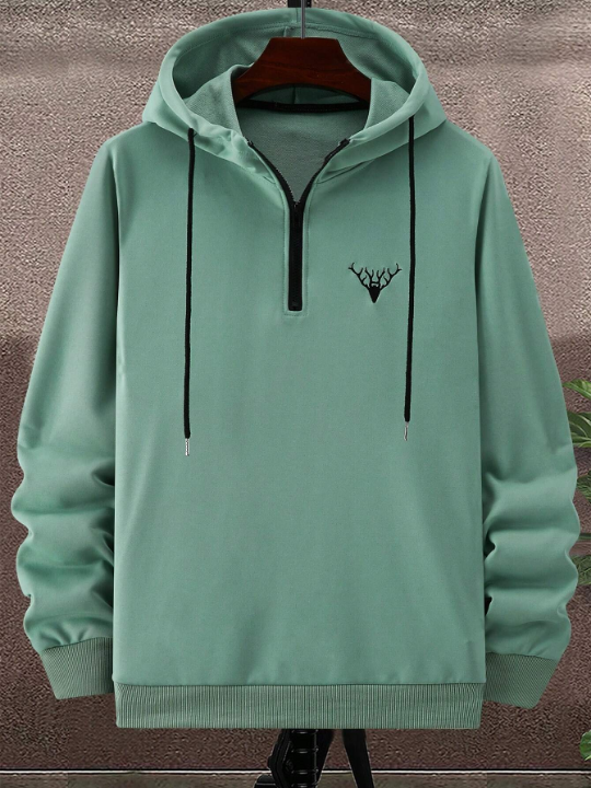 Manfinity Homme Men'S Deer Patterned Half Zip Hoodie With Drawstring Design