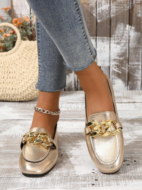 Gold Metallic Chain Decor Four Seasons Fashionable Flat Shoes