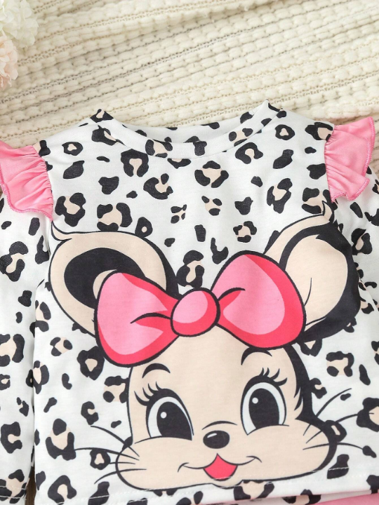 Baby Girl'S Cute & Fun Leopard & Mouse Print Long Sleeve Top And Pants Set