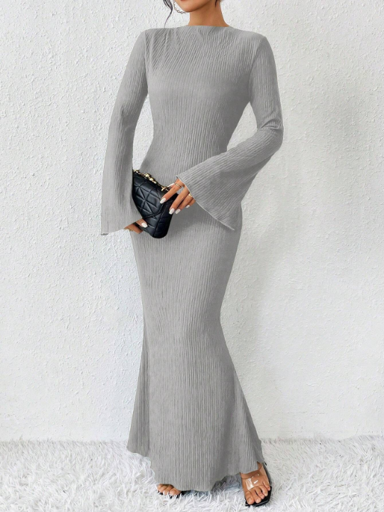 Priv Solid Color Mermaid Hem Trumpet Sleeves Dress