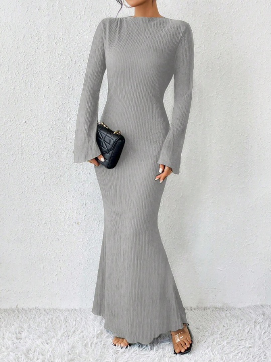 Priv Solid Color Mermaid Hem Trumpet Sleeves Dress