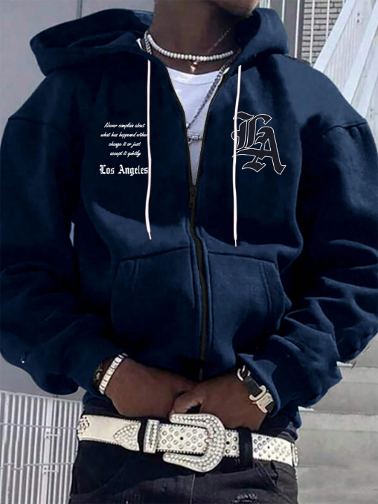 Manfinity EMRG Men's Loose Fit Letter Printed Zipper Hoodie