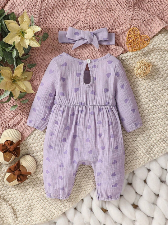 Baby Girl Heart Printed Ruffle Trim Romper (Newborn)