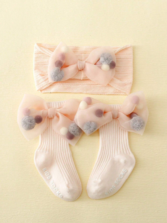 1pair Baby Girls' Pink Bowtie Anti-Slip Mid-Calf Socks And 1pc Hairband