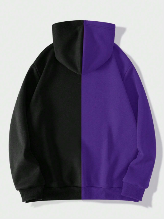 ROMWE Street Life Men's Color Block Drawstring Hooded Zip Up Hoodie With Emoji Pattern Printing