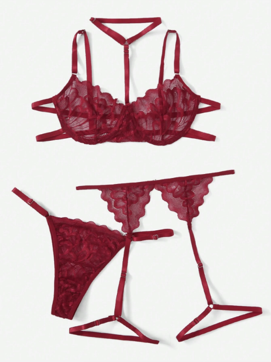 ROMWE Kawaii 3pack Floral Lace Underwire Garter Lingerie Set