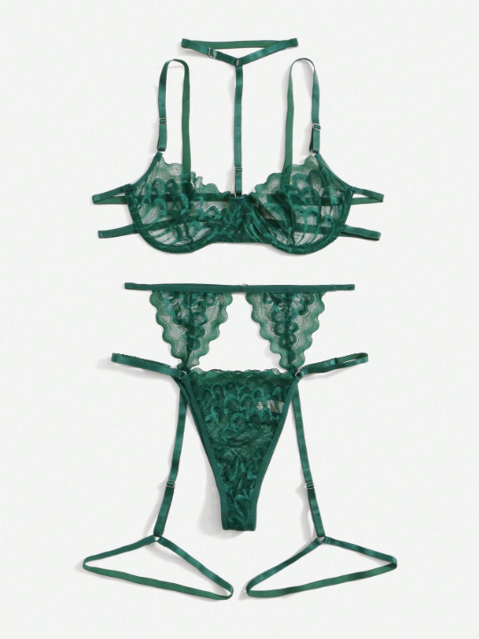 ROMWE Kawaii 3pack Floral Lace Underwire Garter Lingerie Set