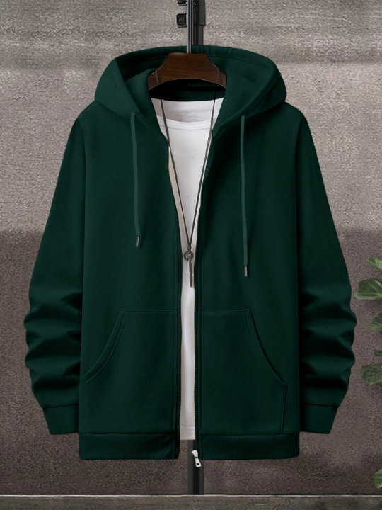 Cottnline Men's Solid Color Zipper Front Drawstring Hooded Sweatshirt