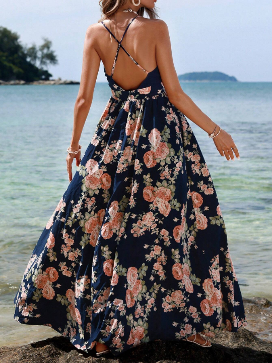 VCAY Holiday Floral Printed Backless Spaghetti Strap Dress