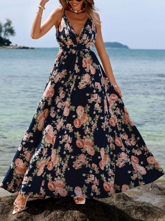 VCAY Holiday Floral Printed Backless Spaghetti Strap Dress
