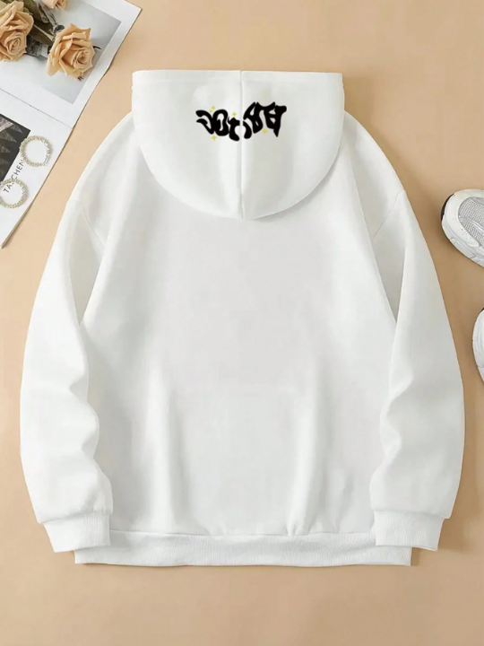 Manfinity Hypemode Loose Fit Men's Hooded Sweatshirt With Letter Print, Zipper Closure And Fleece Lining