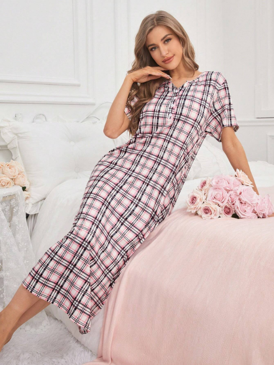 Women's Spring New Arrival Plaid One-Piece Home Sleep Dress With Front Open V-Neckline