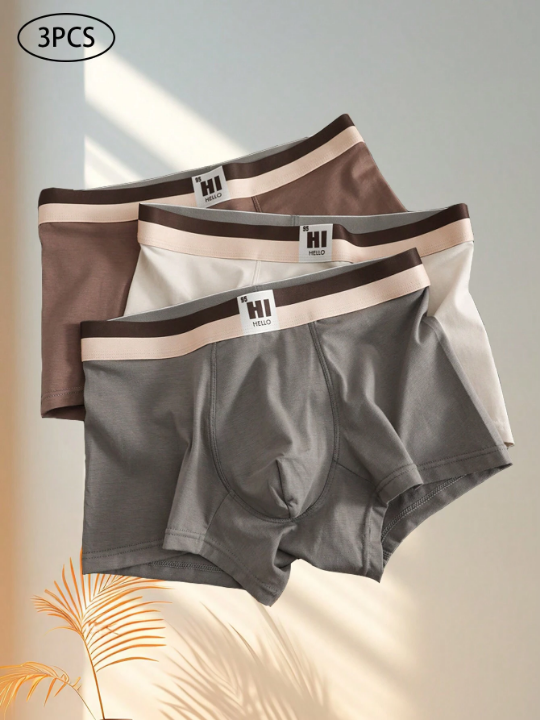 Men's 3pcs/Bag Pure Melange Color Breathable Boxer Briefs For Autumn And Winter