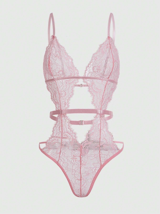 ROMWE Goth Women's Eyelash Lace Hollow Out Bodysuit Sexy Lingerie