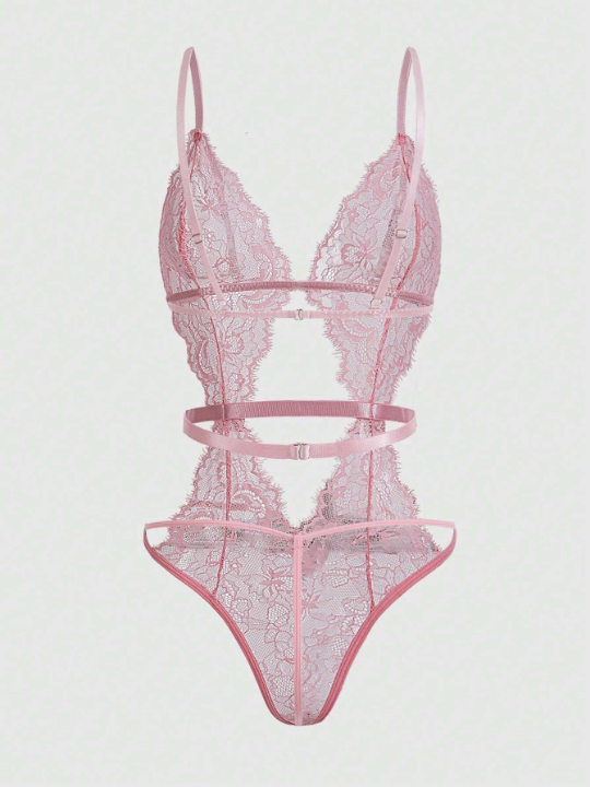 ROMWE Goth Women's Eyelash Lace Hollow Out Bodysuit Sexy Lingerie