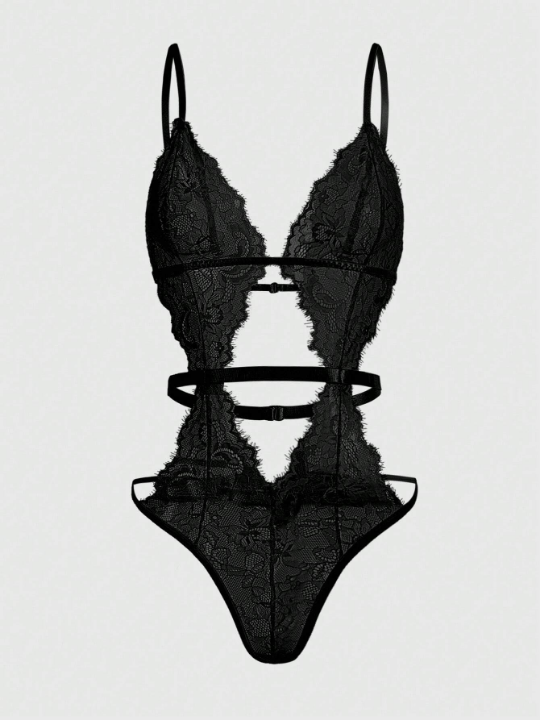 ROMWE Goth Women's Eyelash Lace See-Through Bodysuit Lingerie