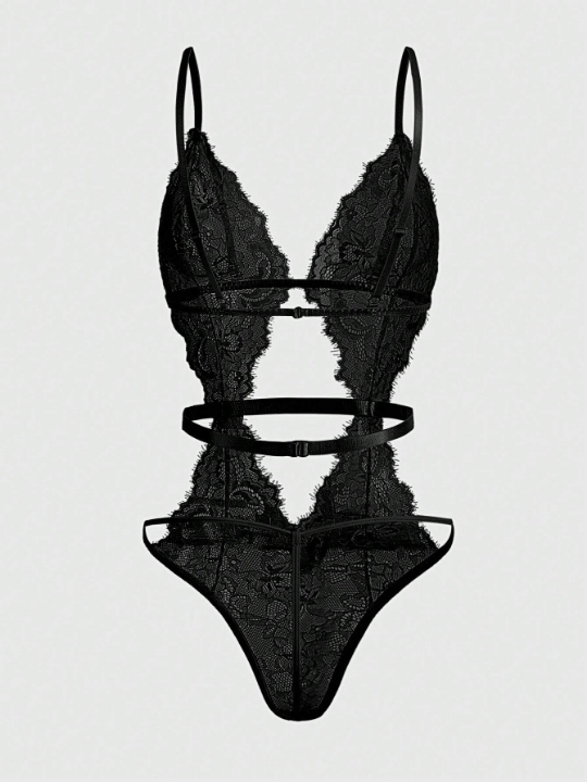 ROMWE Goth Women's Eyelash Lace See-Through Bodysuit Lingerie