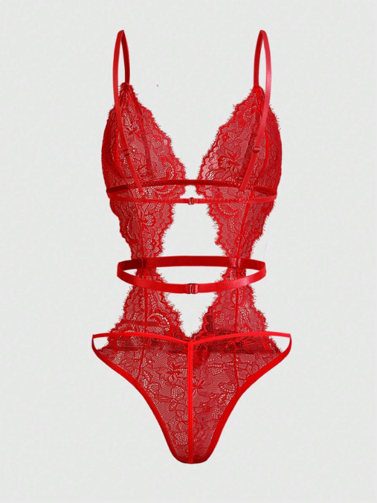 ROMWE Goth Women's Cut-Out Eyelash Lace Bodysuit Sexy Lingerie