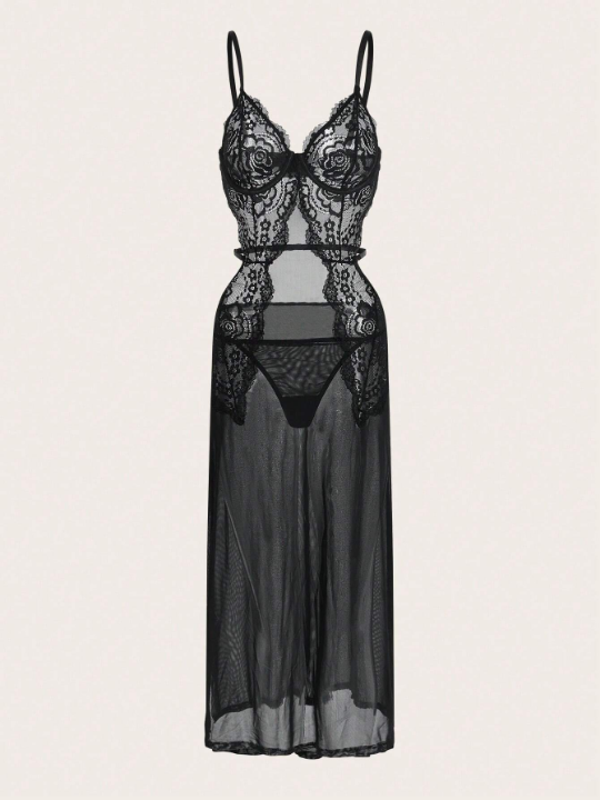 Classic Sexy Women's Lace & Mesh Halter Sexy Lingerie Bodysuit With Thong