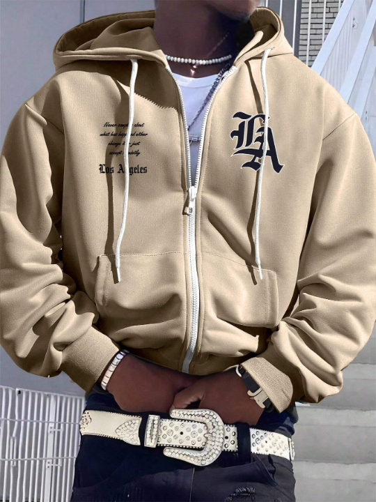 Manfinity EMRG Men's Loose Fit Letter Printed Zipper Hoodie With Kangaroo Pocket